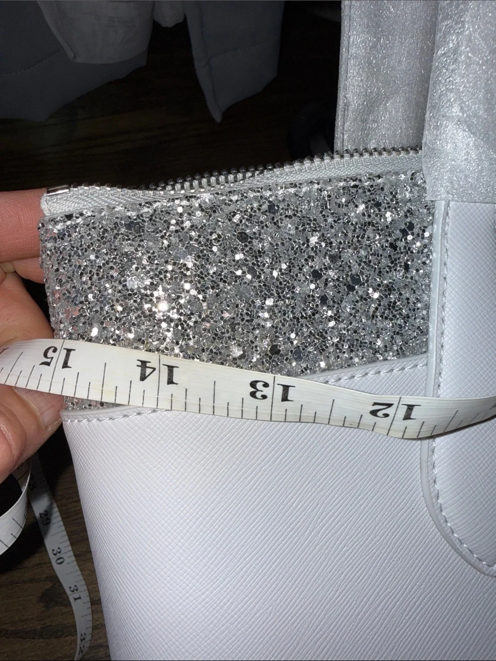 kate spade White Tote with Silver Glitter Accent